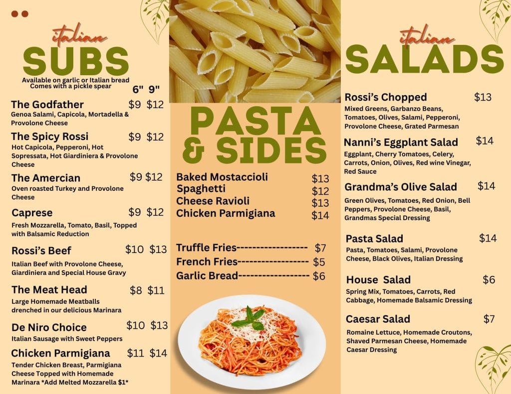 Rossi's Deli Menu Back